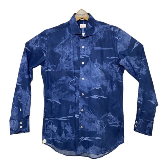 Bruli Blue w/ Scenic Outdoor Allover Print Long Sleeve Cotton Button Up 42/16.5 - Picture 1 of 6